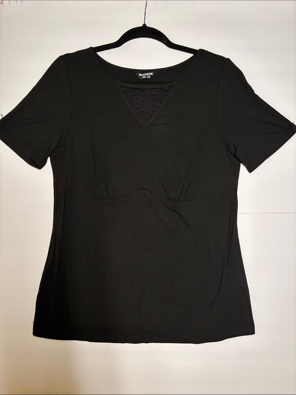 BloomChic Black Short Sleeve V-Notch Tee with Lace Inset
